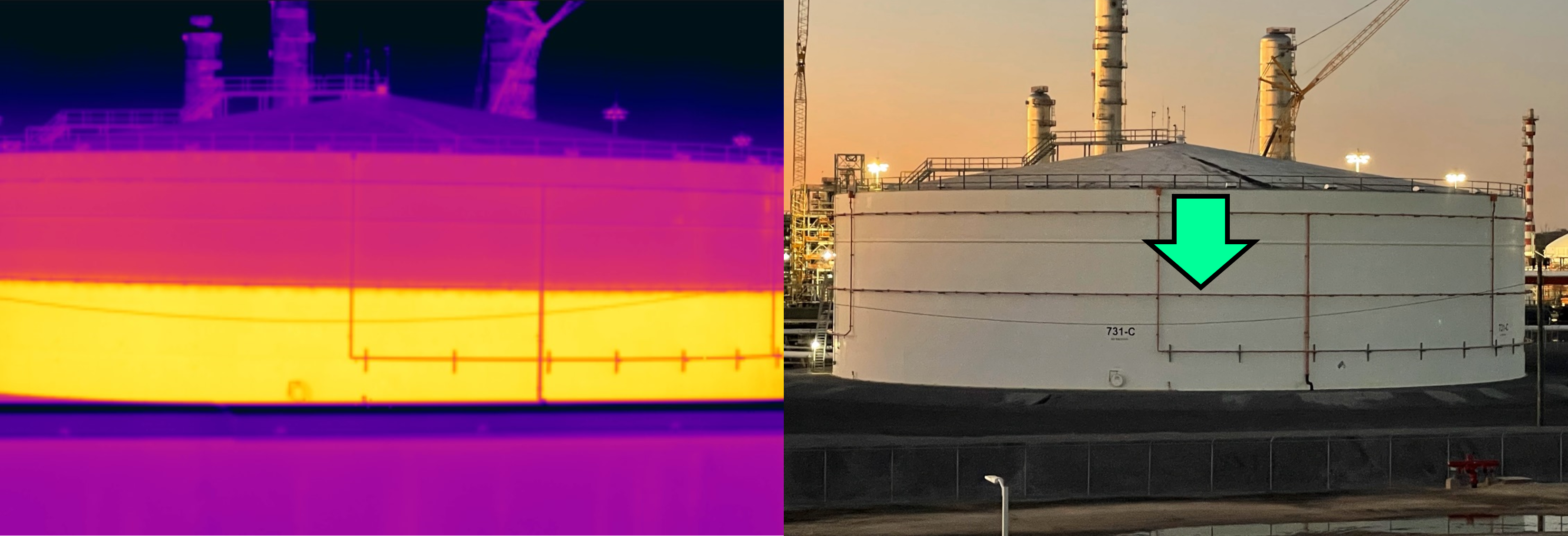Thermogram shows relative height of liquid contained in a large outdoor storage vessel.