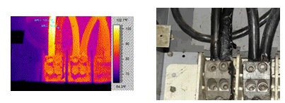 Thermal and visual images of conductor connection at the main lug of the motor control center.