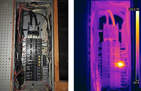 Thermogram shows three out of four AFCI devices operating at ambient temperature. These devices had failed and were no longer protecting against arc faults. Images courtesy Houston Thermal Inspections and Infrared Imaging.