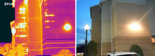 Thermal image shows hot spots caused by latent moisture within EIFS clad wall. Image taken post sunset following a sunny day.