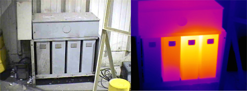 Thermal image shows left capacitor operating at ambient temperature. Images courtesy Dan Playforth.