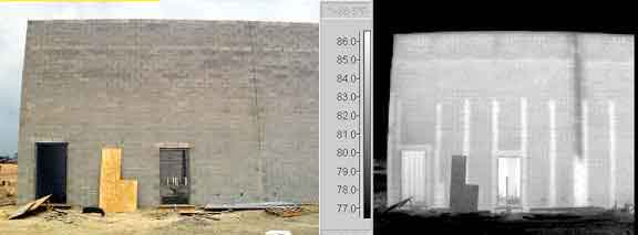 Thermogram shows incomplete vertical grout details and insufficient grout around doorways in newly constructed wall . Images courtesy Stockton Infrared.