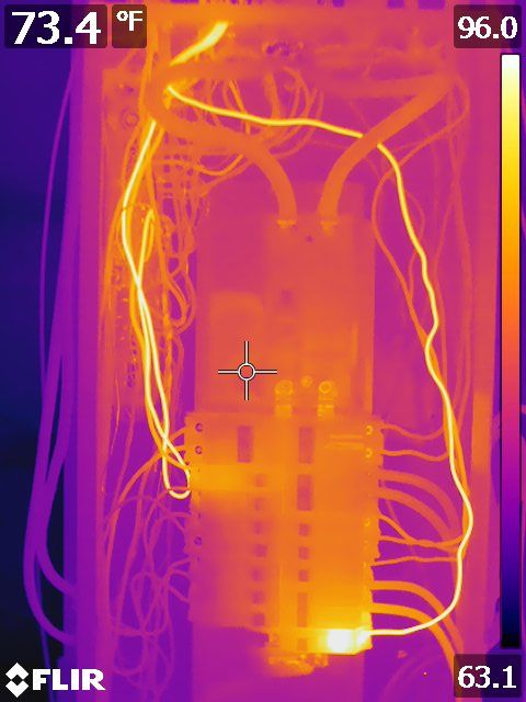Thermal image shows overloaded single-pole circuit breaker and associated conductors