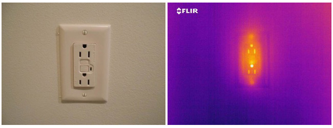 Thermogram shows normal thermal pattern for GFCI receptacle under no load condition
